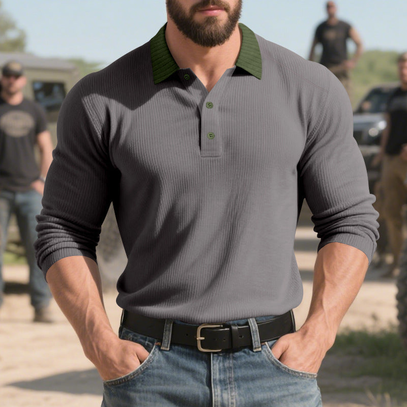 Men's long-sleeved polo shirt with textured design and classic collar Lisslune