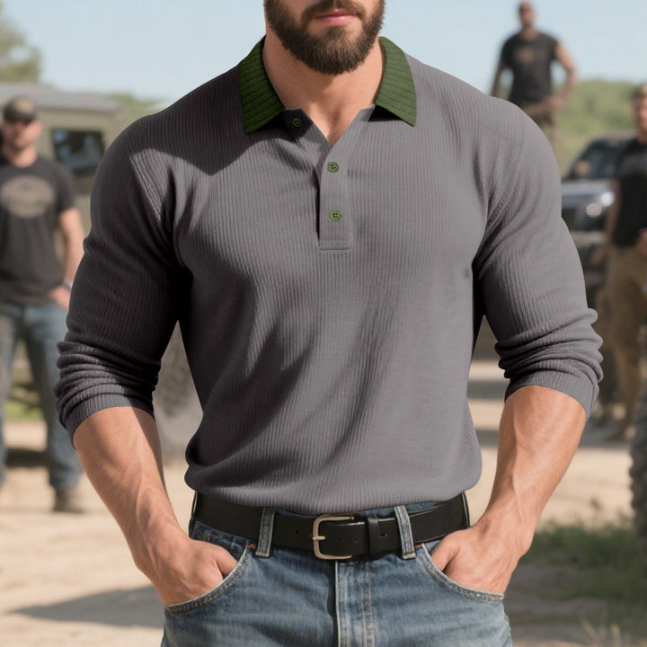 Men's long-sleeved polo shirt with textured design and classic collar Lisslune