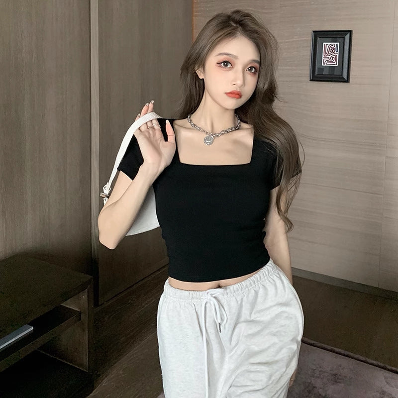 Women Cropped T-Shirt with modern square neckline and fitted cut