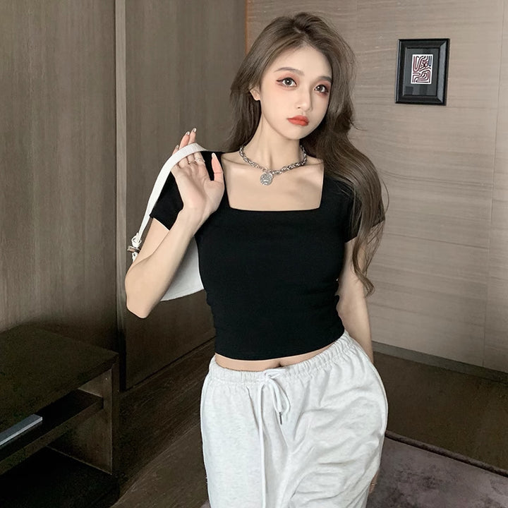Women Cropped T-Shirt with modern square neckline and fitted cut