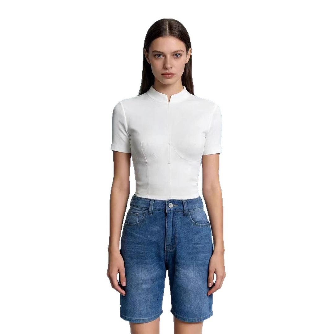 Women's fitted cropped top with stand-up collar and short sleeves Lisslune