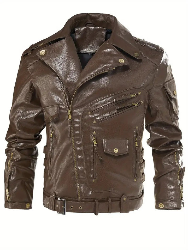 Men's stylish biker jacket with multiple zip pockets and belt detail Lisslune