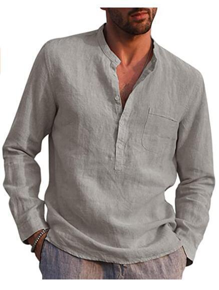 Men's linen shirt with classic Henley neckline and chest pocket Lisslune