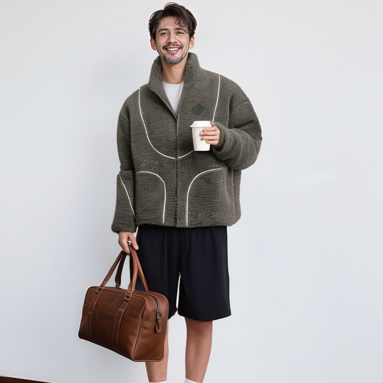 Men's Cozy Teddy Jacket with Contrast Seams Lisslune