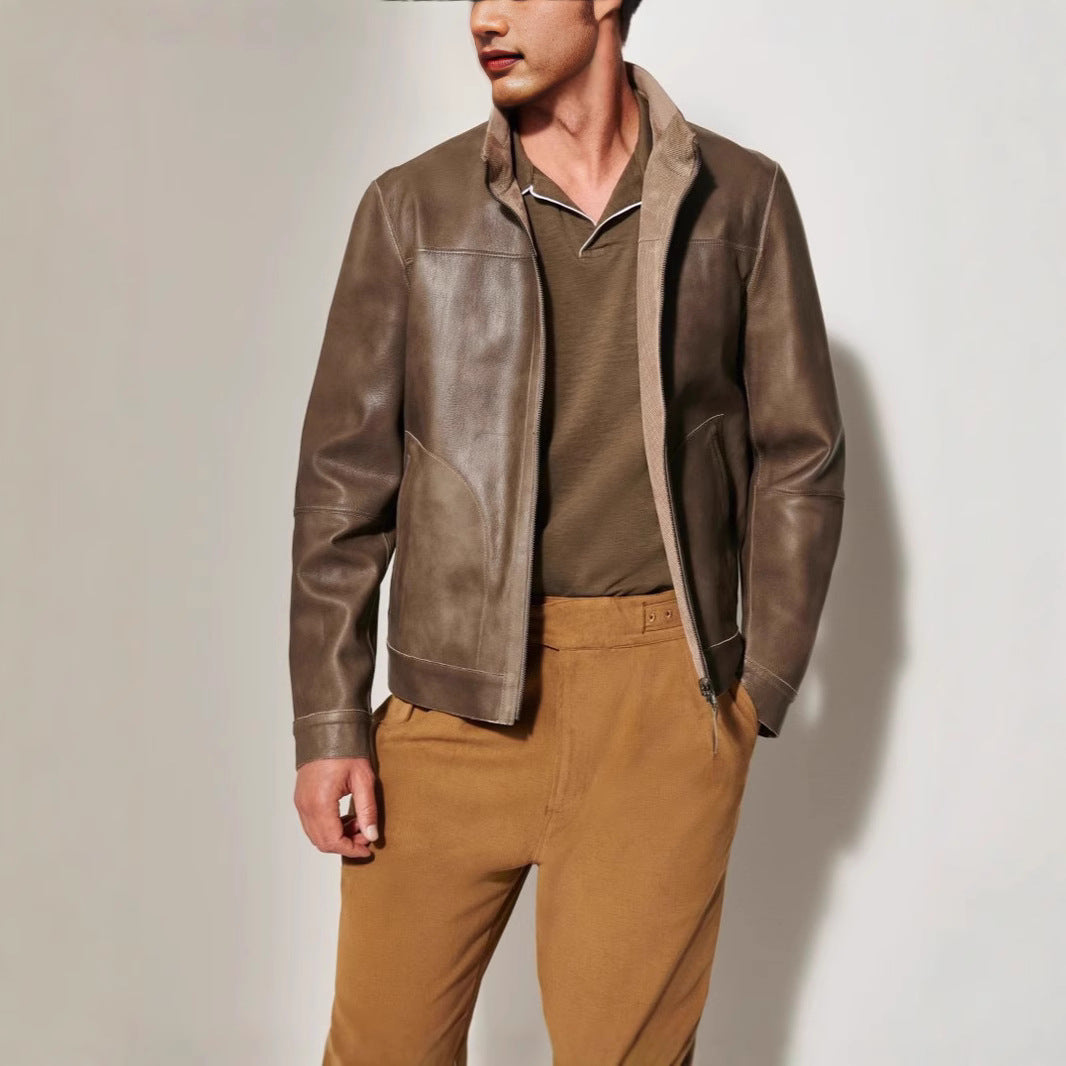 Men's leather jacket in a modern cut with textured outer material Lisslune