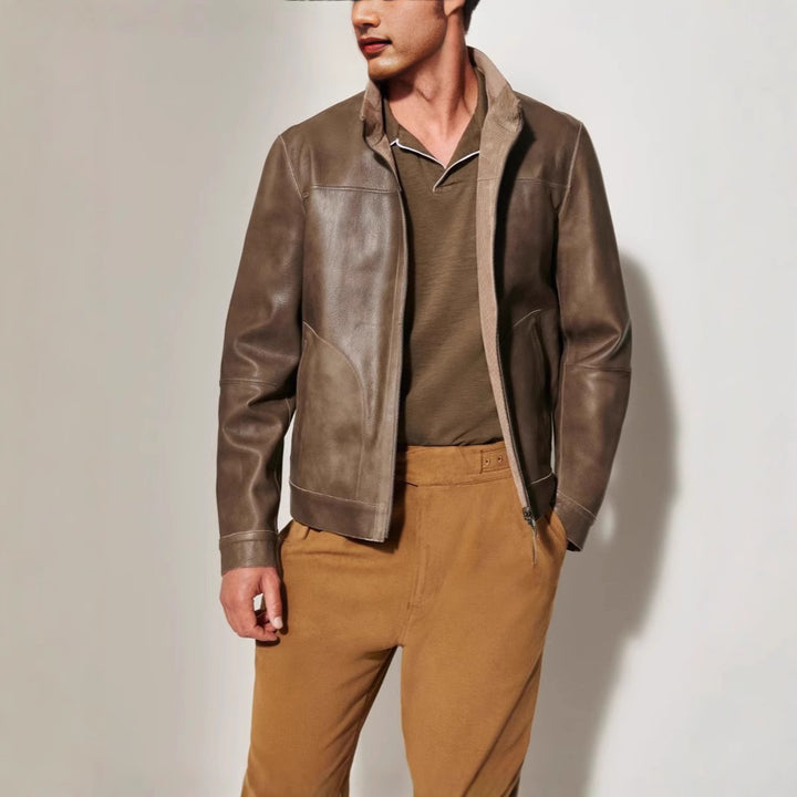Men's leather jacket in a modern cut with textured outer material Lisslune