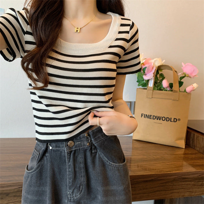 Women's cropped striped top with modern knot design and elastic hem Lisslune