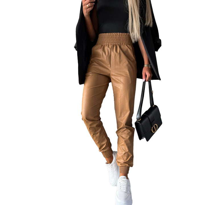 Women's synthetic leather pants with elastic waistband and slim fit Lune London