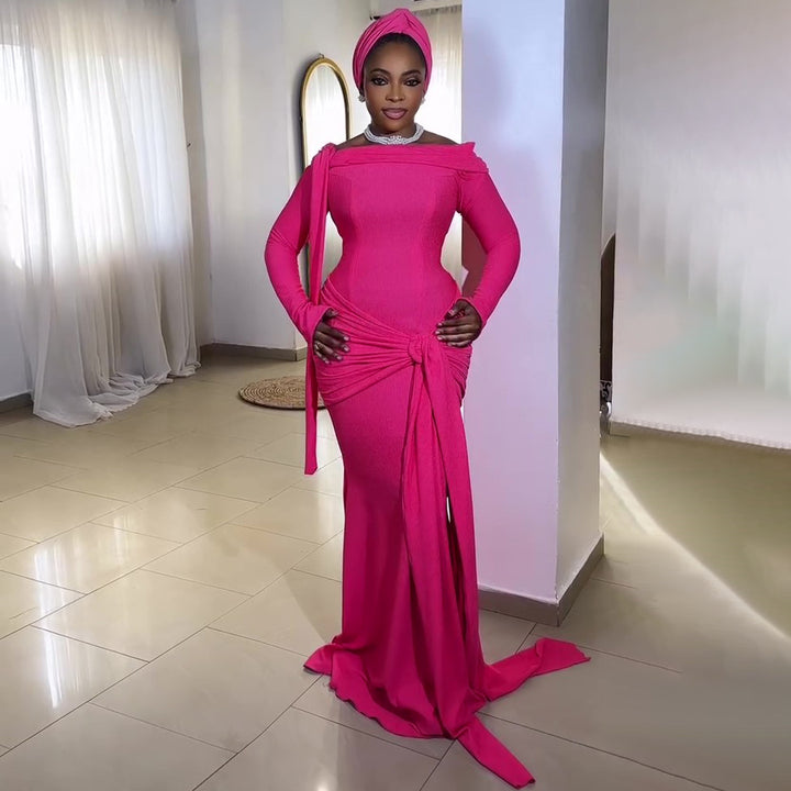 Women Elegant Long Sleeve Dress with Asymmetrical Draping and Bow Accent