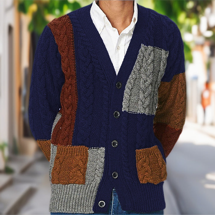 Men's cardigan with modern cable pattern and color-coordinated pockets Lisslune