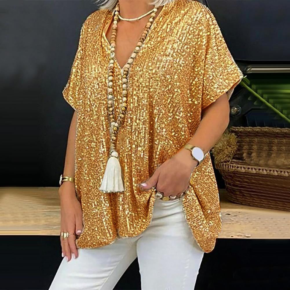 Women Sparkling Sequin Top with Casual Cut and V-Neck Lisslune