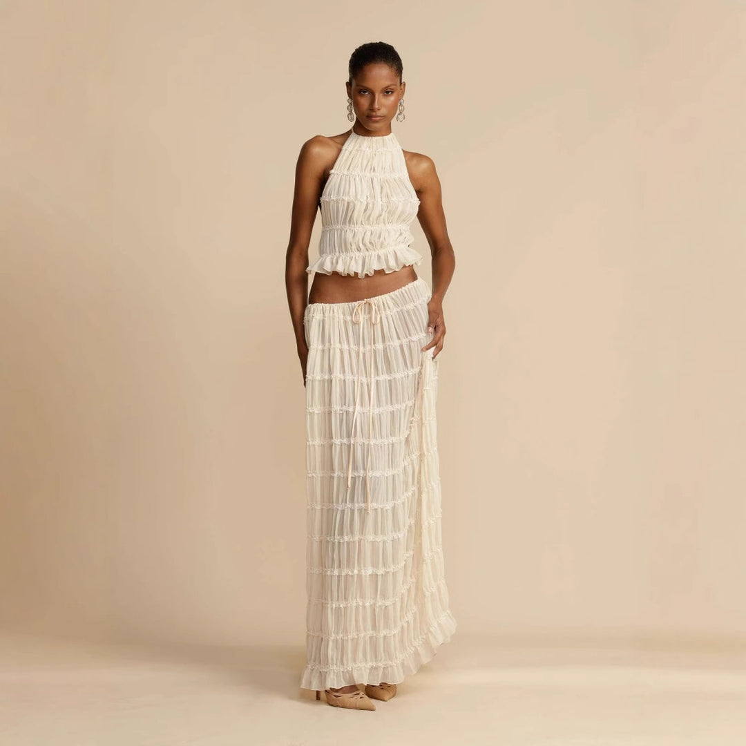 Women's Elegant and Playful Two-Piece Summer Dress with Ruffled Top and Flowing Skirt
