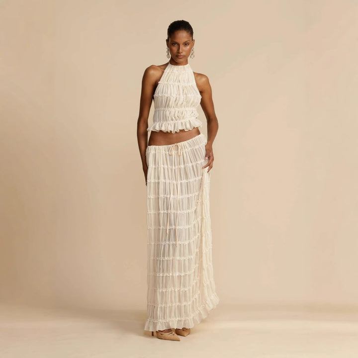 Women's Elegant and Playful Two-Piece Summer Dress with Ruffled Top and Flowing Skirt