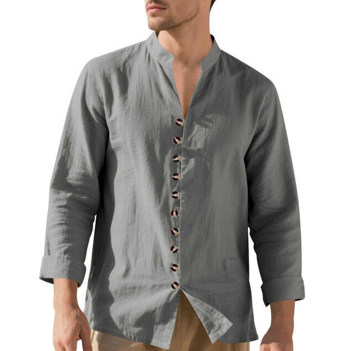 Men's casual long-sleeve shirt with elegant stand collar and chic button details Lisslune