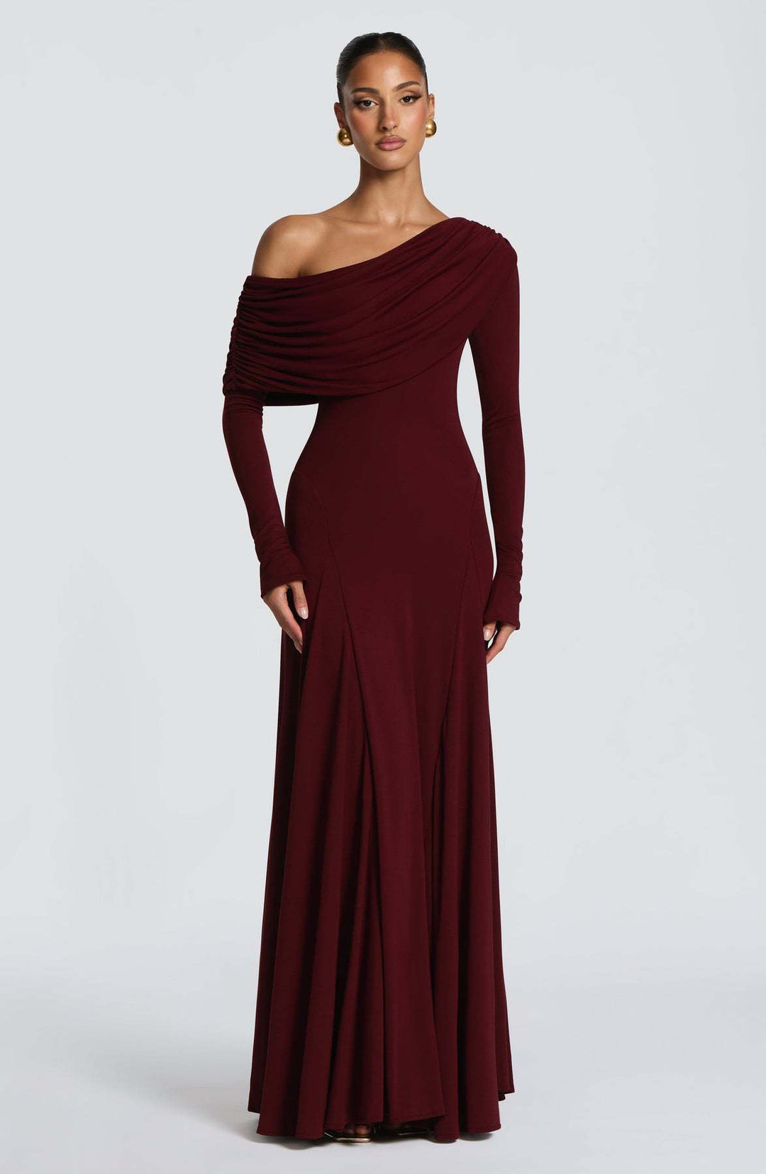 Women Elegant Long Sleeve Maxi Dress with Asymmetrical Draping Detail Lisslune