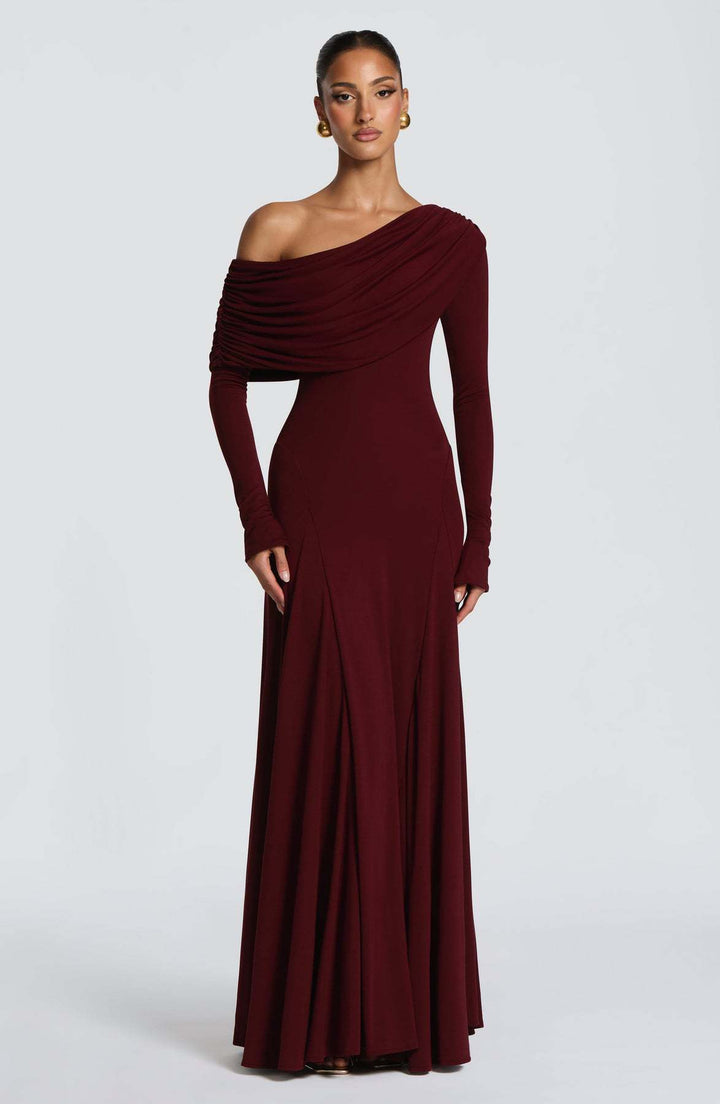 Women Elegant Long Sleeve Maxi Dress with Asymmetrical Draping Detail Lisslune
