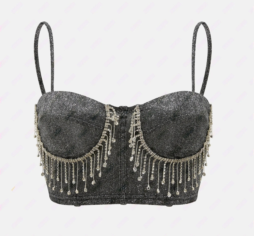 Ladies Glittering Bustier with Sparkling Rhinestone Details and Spaghetti Straps