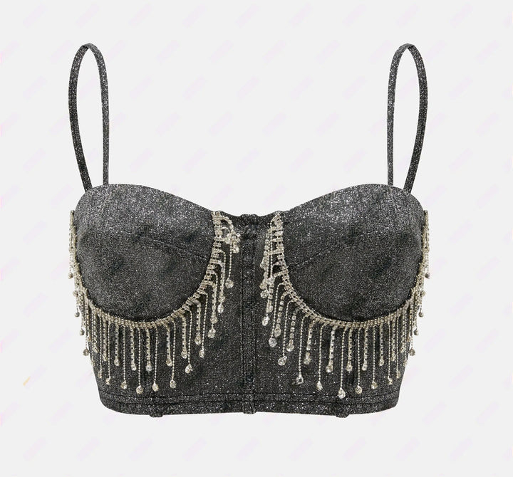 Ladies Glittering Bustier with Sparkling Rhinestone Details and Spaghetti Straps