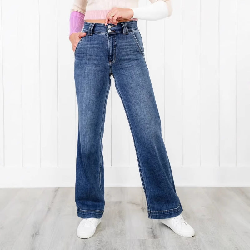 Women's Wide Leg Jeans with High Waist and Elegant Seam Design