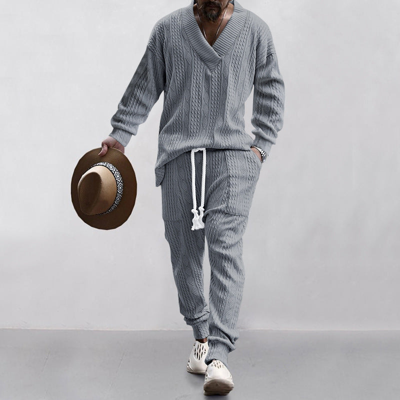 Men's casual knitted outfit with V-neck and elastic waistband Lisslune