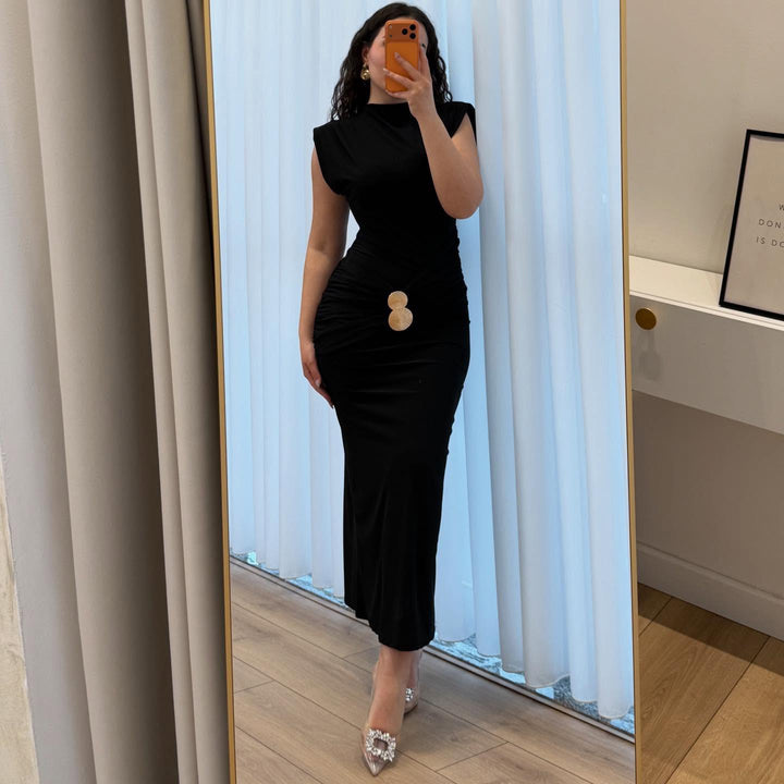 Women's maxi dress with elaborate wrap effect and narrow fit