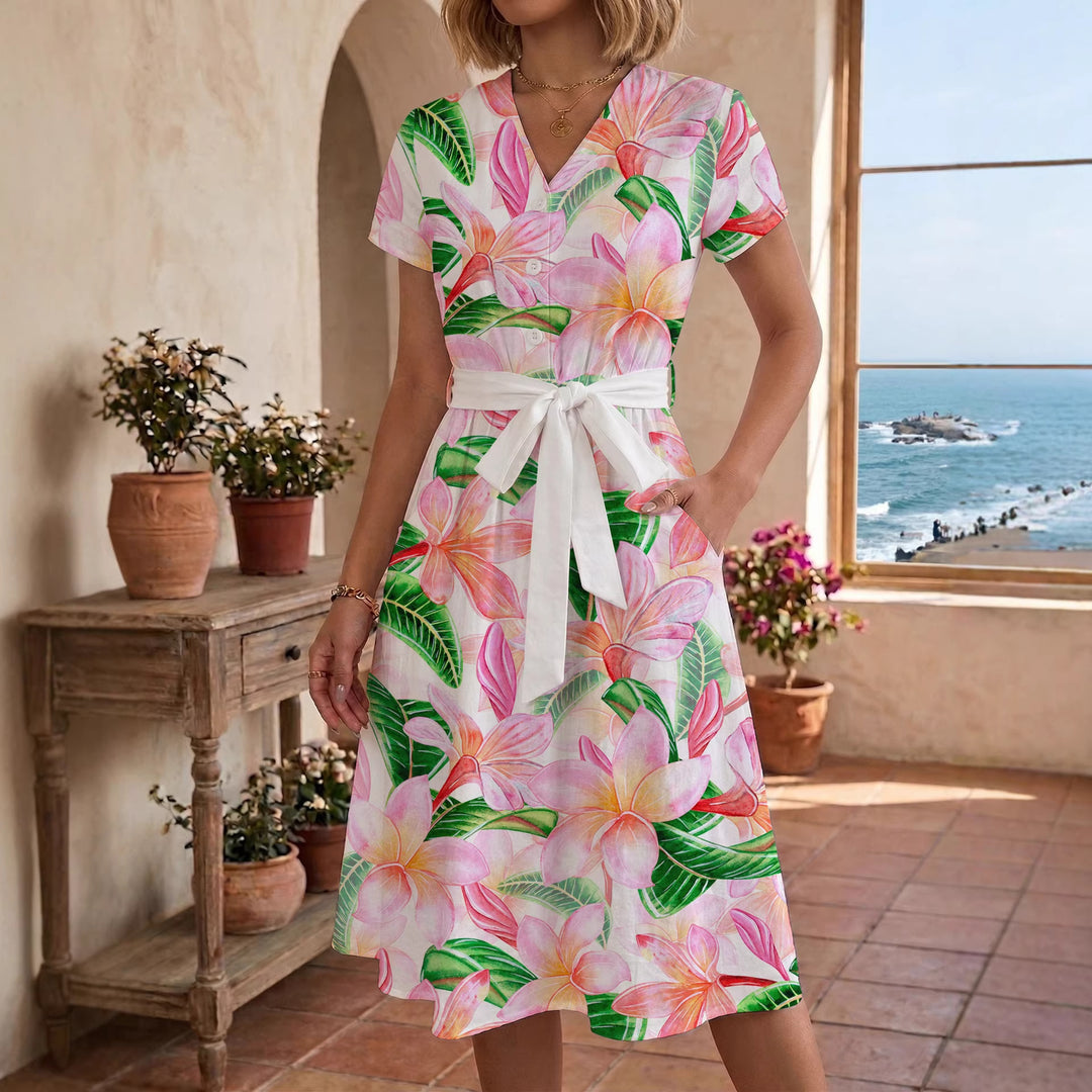 Women’s midi dress with colorful floral design and adjustable tie belt Lisslune