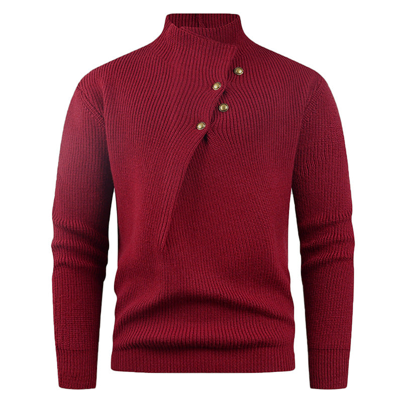 Men's knitted sweater with asymmetric collar and decorative wooden buttons Lisslune