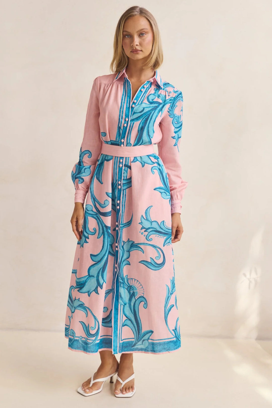 Ladies long sleeve shirt dress with floral accents and waist belt Lune London