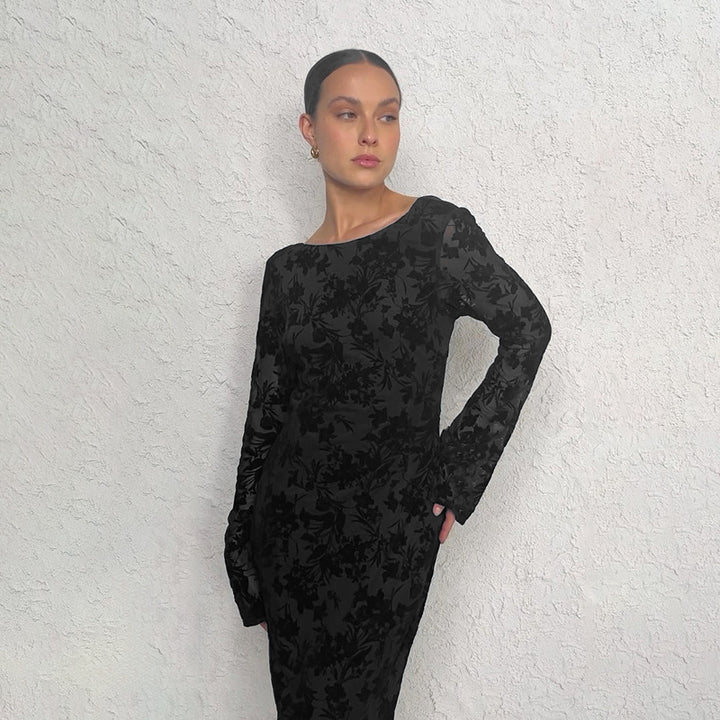 Women's Elegant Long Sleeve Dress with Floral Patterns and Figure-Hugging Silhouette