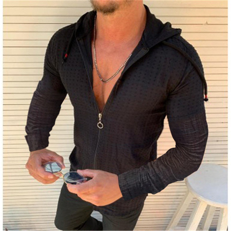 Men's hooded jacket with textured fabric and modern zipper Lisslune