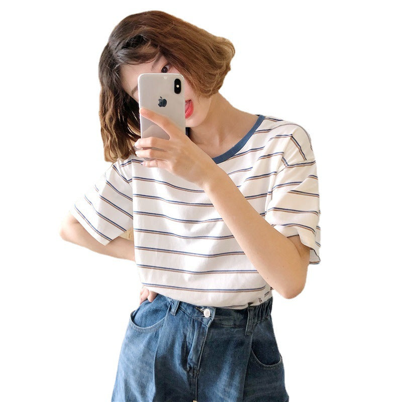 Women Striped T-Shirt with Round Neck and Loose Fit Lisslune