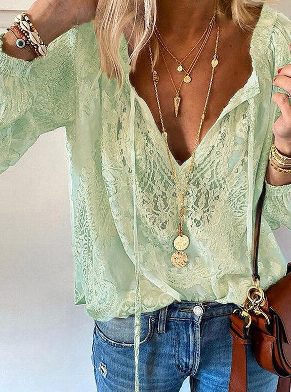 Women's elegant blouse with fine lace and deep V-neck Lisslune