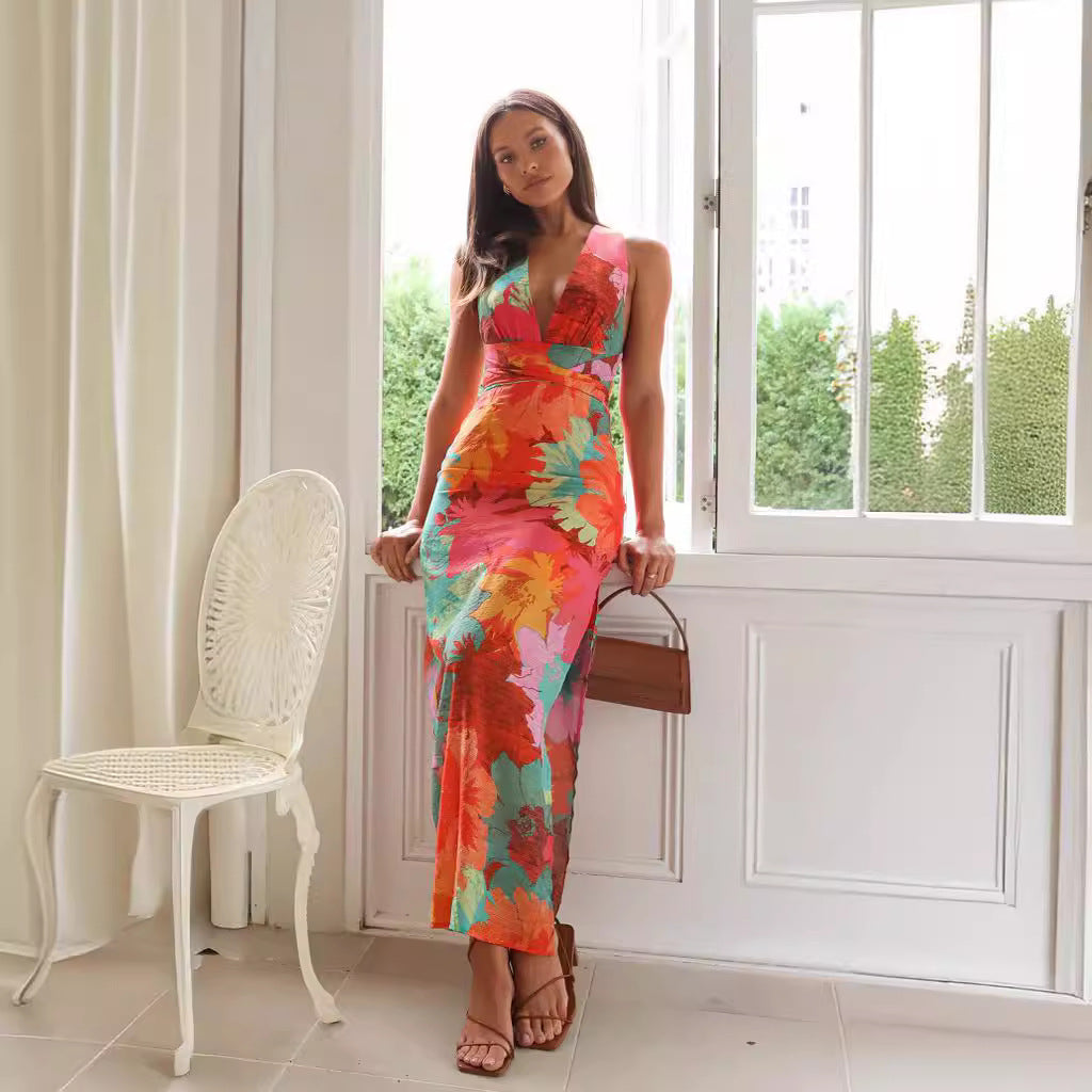 Women Floral Maxi Dress with Deep V-Neck and Figure-Hugging Fit