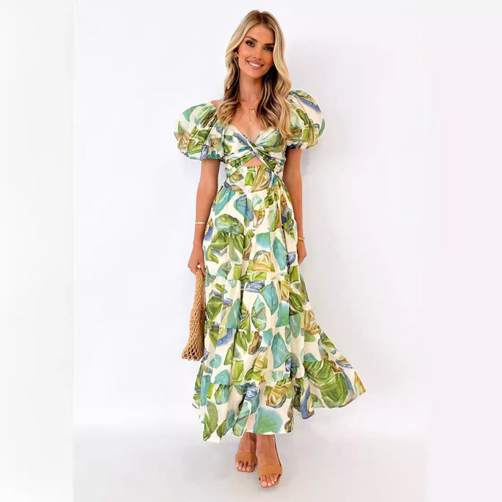 Women's maxi dress with voluminous puff sleeves and floral pattern