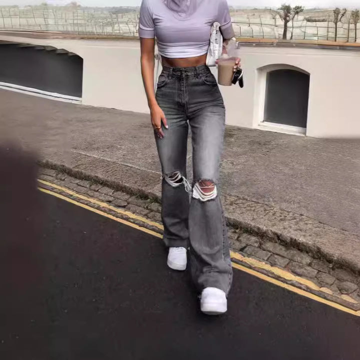 Damen Vintage Schlagjeans mit modischen Rissdetails und hohem Bund Lisslune