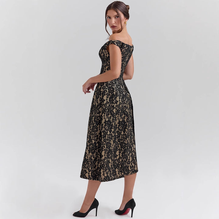 Women's evening dress with refined lace appliqués and elegant cut