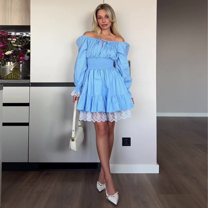 Ladies Off-Shoulder Dress with Voluminous Ruffle Details and Lace Trim Lisslune