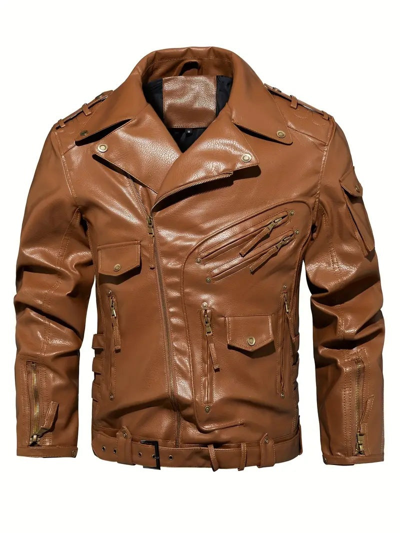 Men's stylish biker jacket with multiple zip pockets and belt detail Lisslune