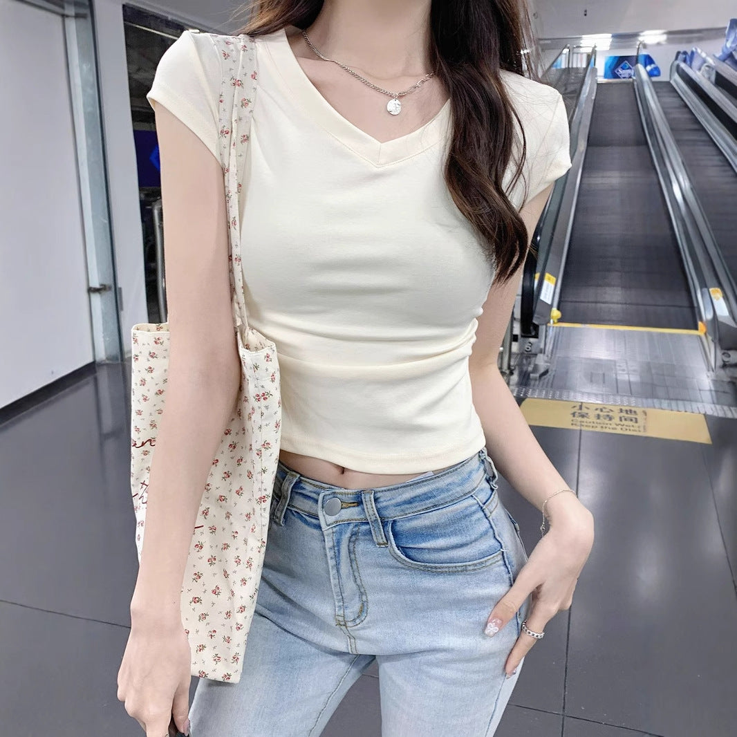 Women's Cropped T-Shirt with V-Neck and Fitted Cut