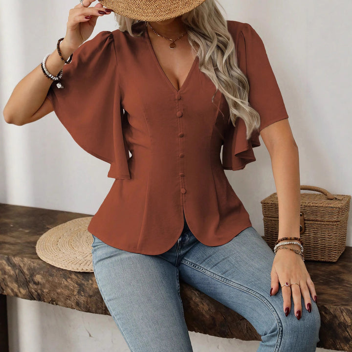 Damen elegante Bluse mit Glockenärmeln und Knopfdetail Lisslune