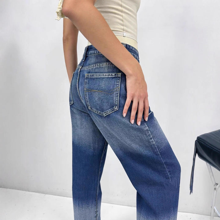 Damen weite hochgeschnittene Jeans mit besonderem Waschungseffekt Lisslune