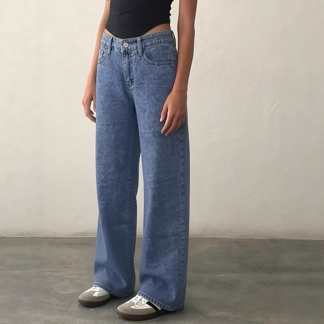Damen Weite High-Waist Jeans mit klassischem Schnitt und ausgefransten Säumen Lisslune