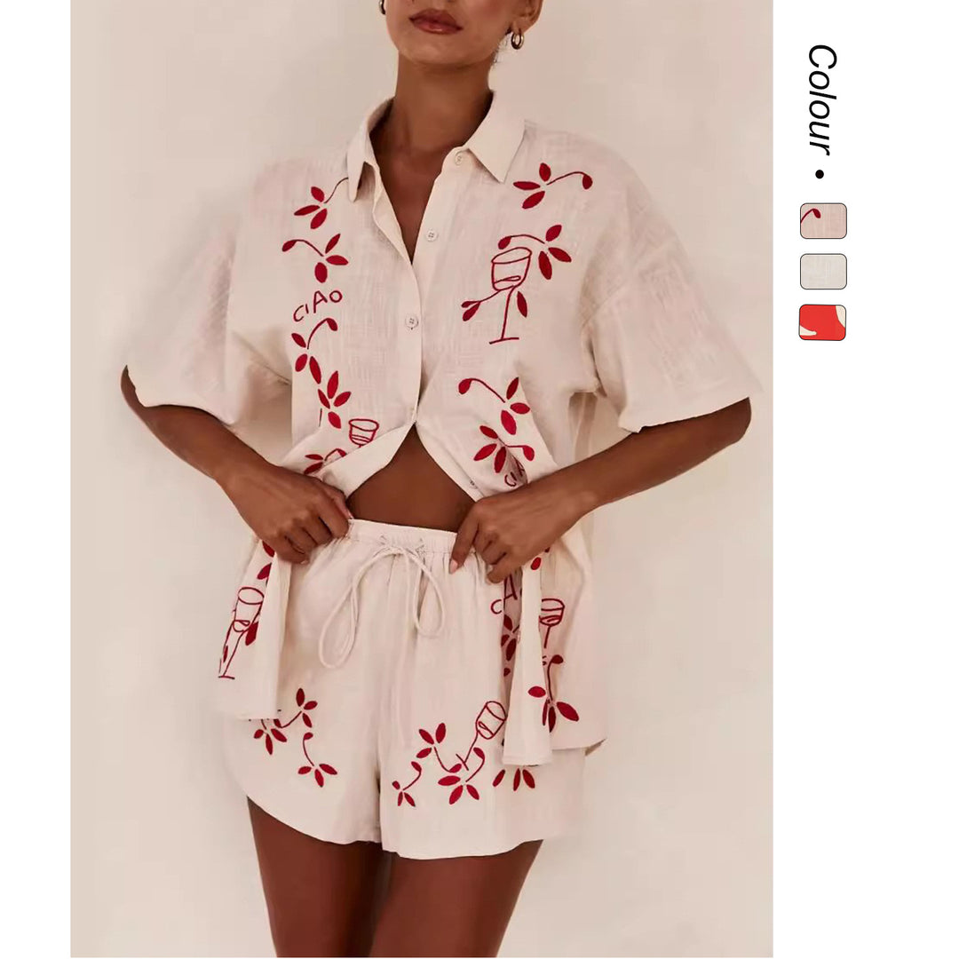 Women's Airy Short Sleeve Shirt and Shorts Set with Floral Embroidery Design Lune London