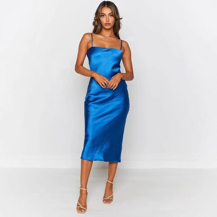 Women's satin midi dress with narrow spaghetti straps and elegant cut Lune London