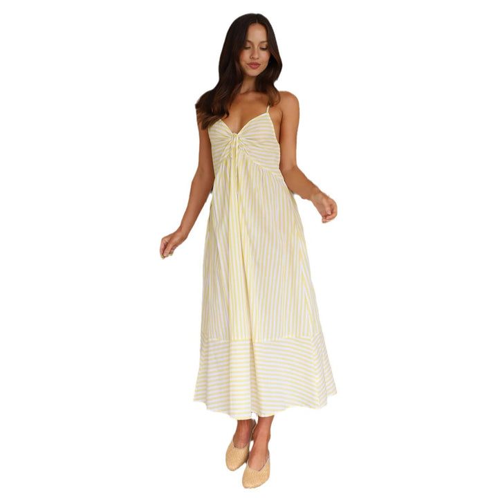 Women's striped maxi dress with playful top and flowing skirt