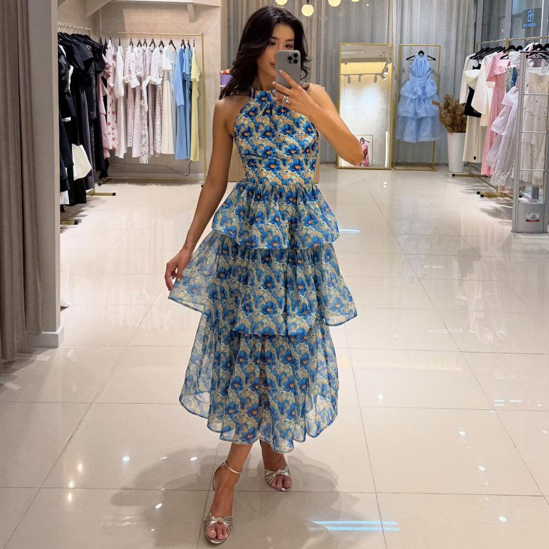 Ladies max dress with transparent layers and floral design Lisslune