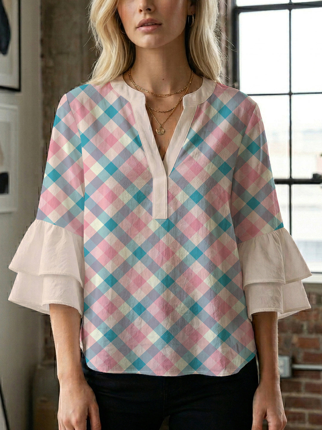 Women's blouse with voluminous wing sleeves and intense leaf pattern Lisslune