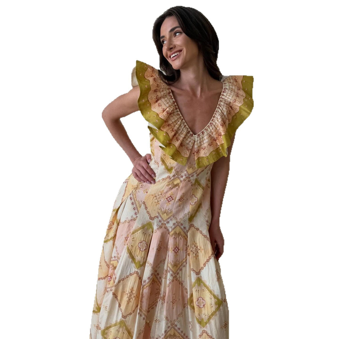 Women's maxi dress with voluminous ruffle details and elegant V-neck Lisslune