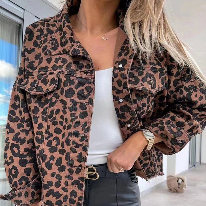 Ladies' denim jacket in leopard design with casual cut and fringe finish