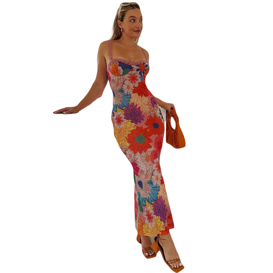 Women’s flower midi dress with lace straps and figure-hugging cut